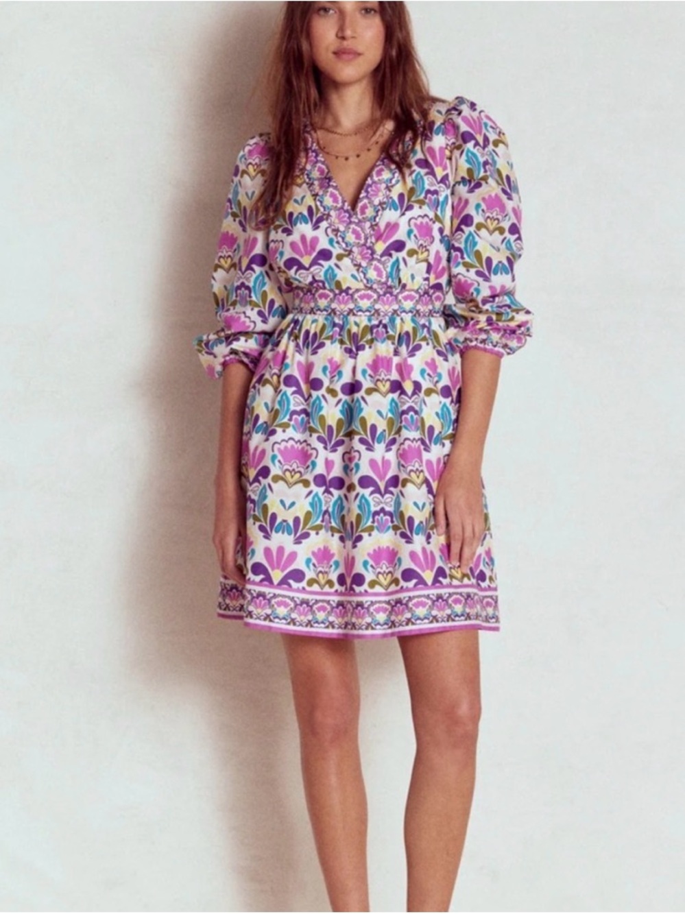 Boden Lavender & Teal Floral Smocked Mini Dress